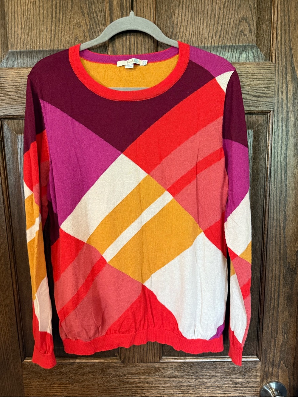 Boden Multicolor Geometric Crewneck Sweater — Red, Pink, Purple, Yellow, White